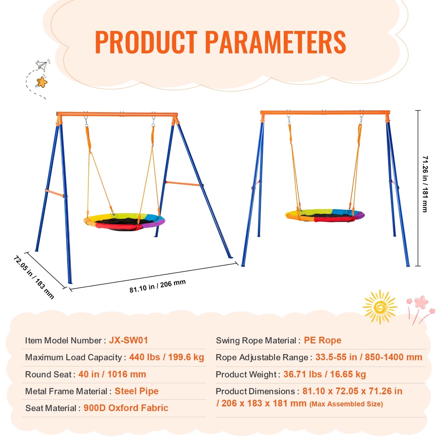 SucceBuy Swing Sets for Backyard 600lbs Capacity Swing Set with 1 Saucer Swing Seat 2 Belt Swing Seats Swingset Outdoor for Kids