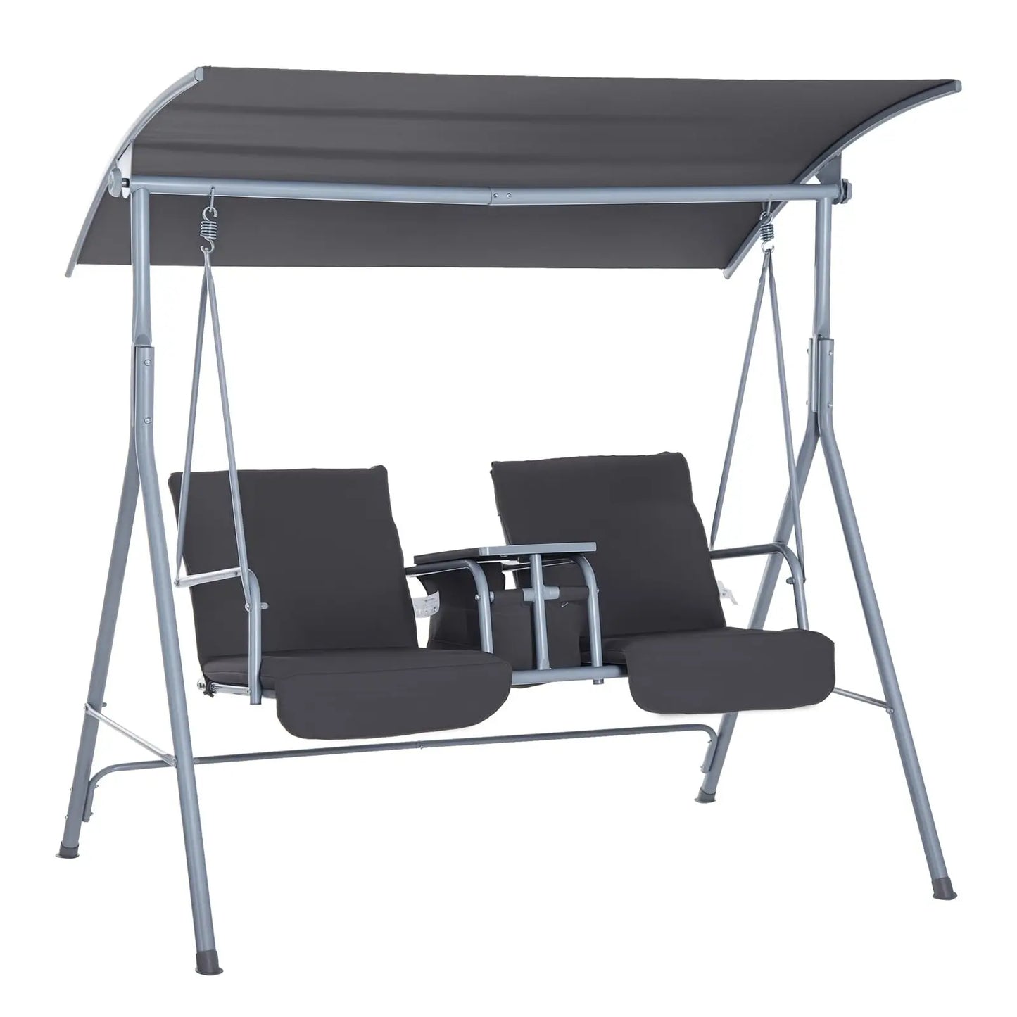 Blue Dual-Seat Outdoor Hanging Swing With Canopy, Center Table, Two Cup Slots, And Padded Cushions For Garden Or Deck
