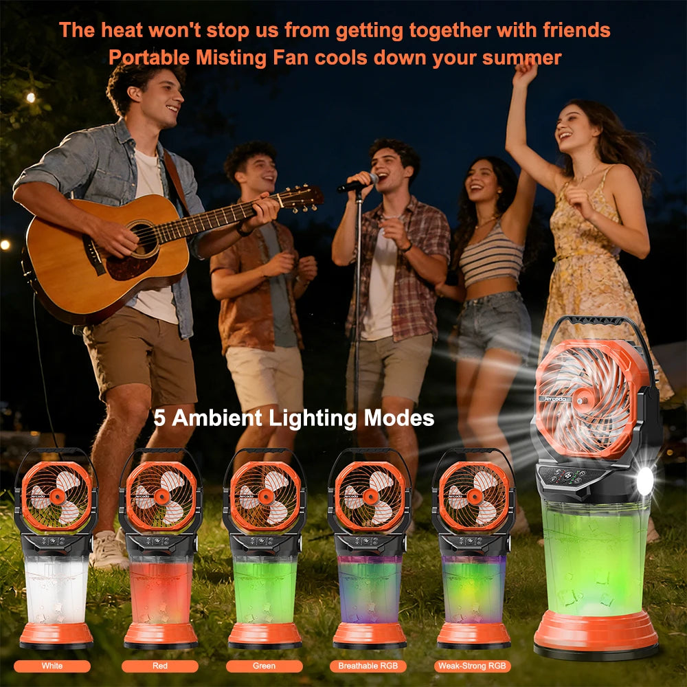 Portable Misting Fan Rechargeable Multifunctional Camping Fan, 2L Water Tank,Timer,4 Speeds Wind,5 Lighting Modes With 2 Nozzles