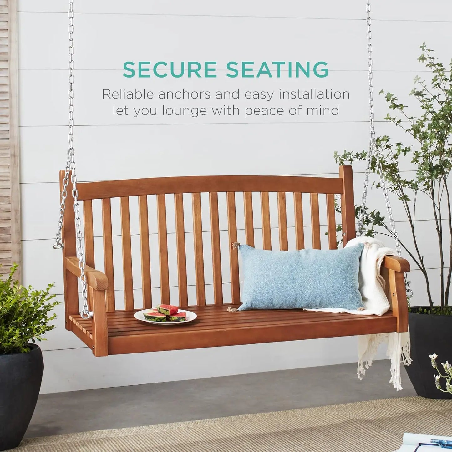 48 Inch Wood Porch Swing Outdoor Patio Hanging Bench Chair Furniture For Deck Garden Yard With Mounting Chains, Ergonomic Curved Back Design Two Seater Loveseat Glider, Brown
