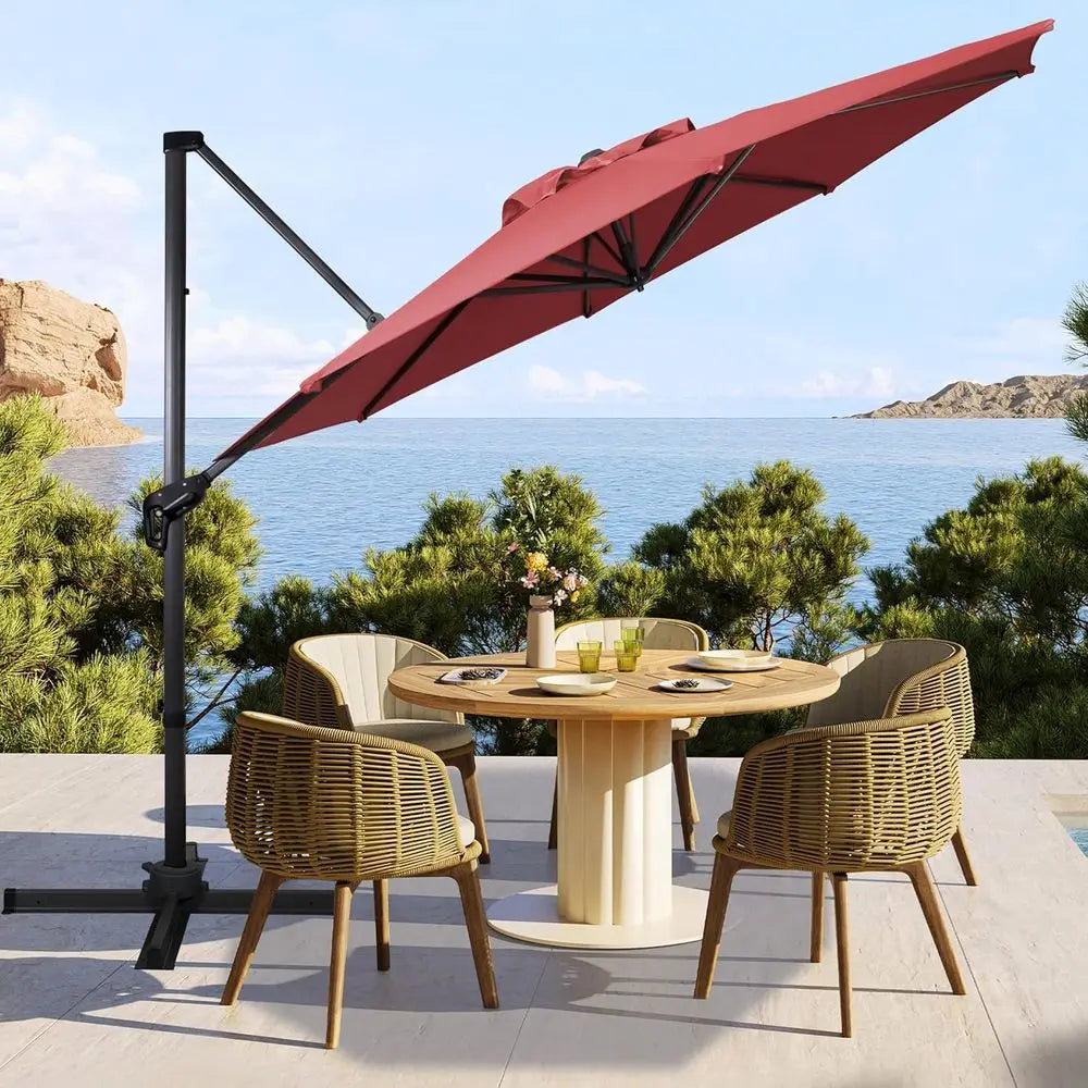 10ft Rotating Cantilever Umbrella with 360° Swivel, 8 Ribs, Fade-Resistant, Waterproof for Outdoor Patio, Garden, Poolside