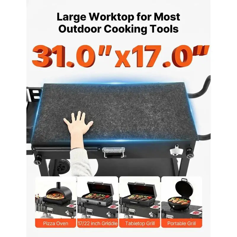 Outdoor Grill Cart, 31.0 X 17.0 Inch Tabletop Size Grilling Table, Foldable Outdoor Cooking Table with Tissue Holder, Wheels, Magnetic Tool Rack, BBQ Prep Tables for Picnic, Kitchen, Courtyard