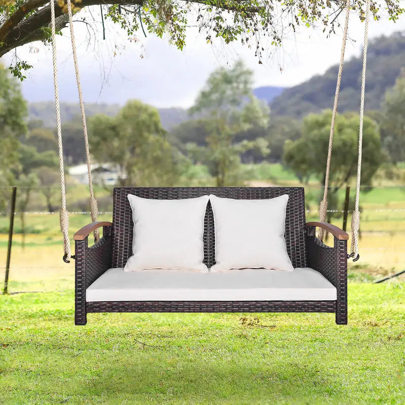 Heavy Duty Double Rattan Hanging Chair Swing With Thick Cushions