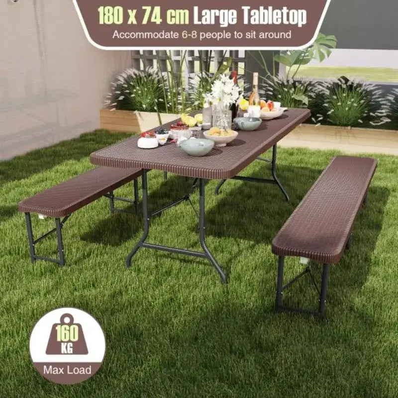 6 ft Portable Folding Table with Rattan-Like HDPE Tabletop and Safe Lock Mechanism-Brown