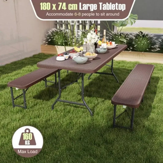 6 ft Portable Folding Table with Rattan-Like HDPE Tabletop and Safe Lock Mechanism-Brown