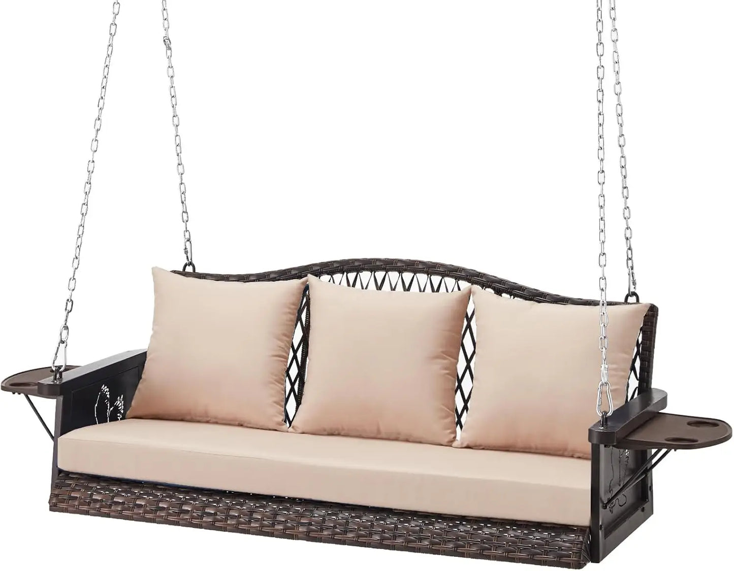 Outdoor Patio Swing Chair Bench for Adults - Wicker, 900lbs Heavy Duty, 8.9ft Hanging Chains, Cushions and Cup Holder