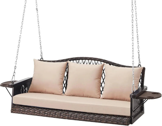 Outdoor Patio Swing Chair Bench for Adults - Wicker, 900lbs Heavy Duty, 8.9ft Hanging Chains, Cushions and Cup Holder