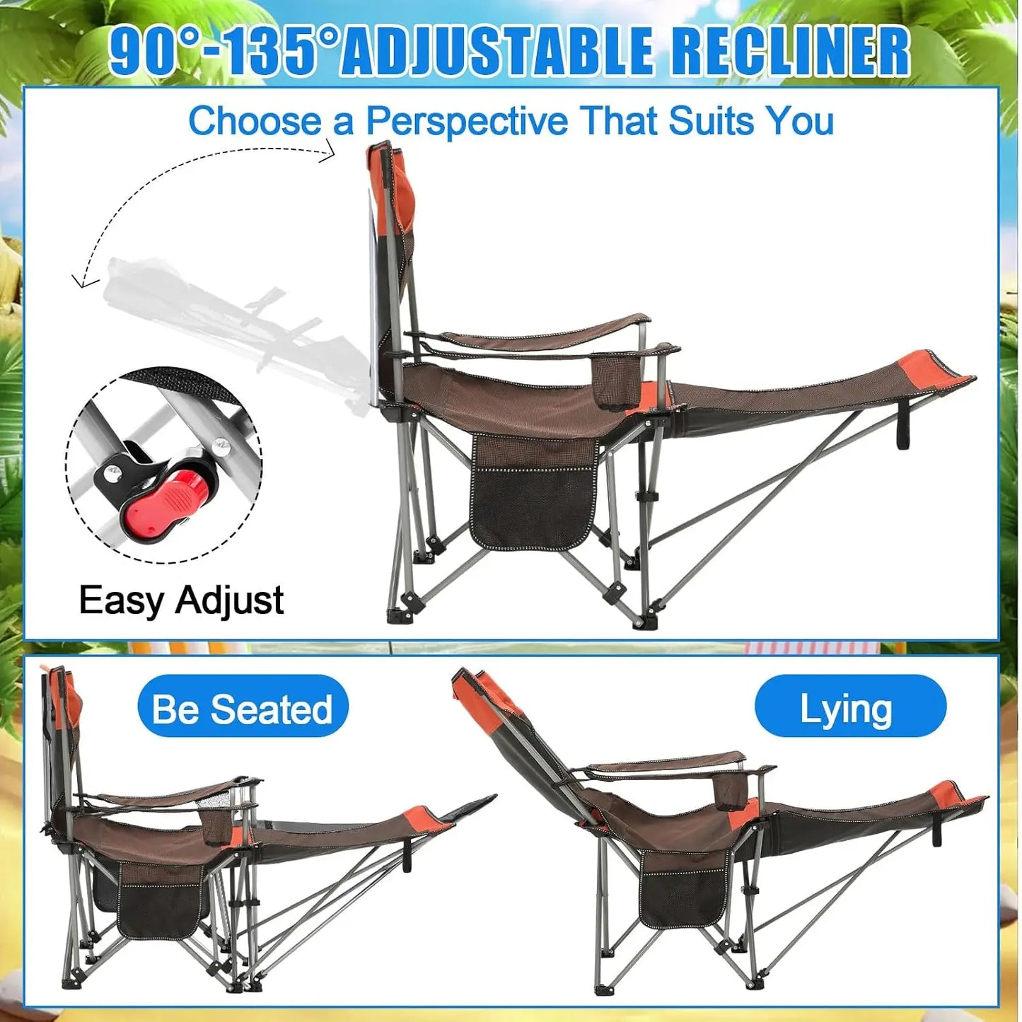 2 Pack Reclining Beach Chairs with Umbrellas Heavy Duty Folding Camping Chair Removable Footrest Adjustable Clip Canopy Lounge Chair Double Pockets Blue