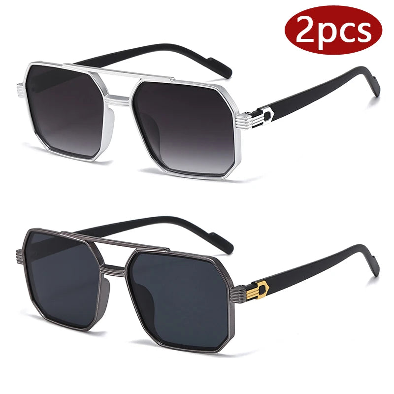 2pcs Trendy Metal Polygonal Pilot Sunglasses Luxury Double Beam Unisex UV400 Shades Perfect for Party Daily Wear Outdoor Driving Fashion Stylish Eyewear Ideal Holiday Gift for Men and Women