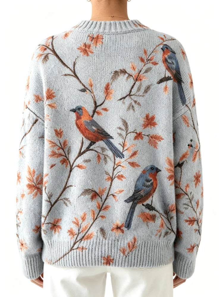 Women's Printed Knitted Pullover, Loose and Casual, Soft and Warm, Light Blue Retro Bird-Pattern Watercolor Leaf Design Round-Neck Long-Sleeved Daily Fall/Winter Layered Sweater