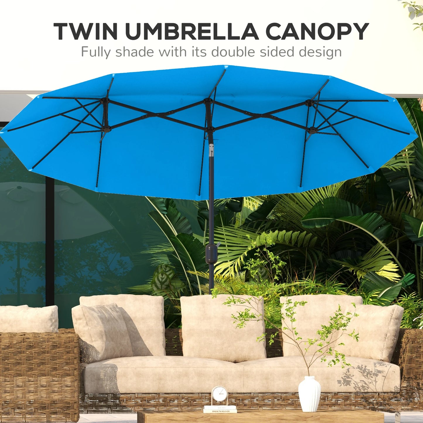 9.5' Double-Sided Patio Umbrella with 3 Air Vents, Tilt and Crank, Outdoor Umbrella, Cyan Blue