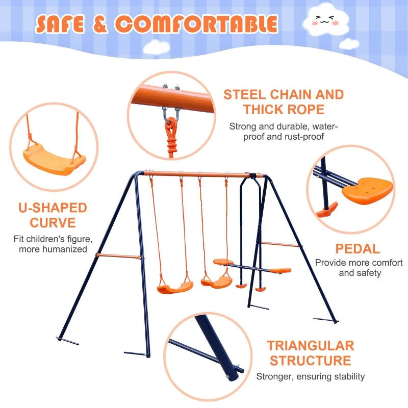 Metal Play Swing Set W/ 2 Seats 1 Glider Outdoor Playground 440lbs Capacity Patio Swings