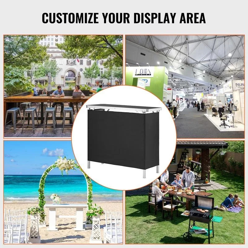 Folding Portable Bar Table, Tradeshow Podium Table for Indoor, Outdoor, Party, Picnic, Exhibition, Includes Carrying Case, Storage Shelf and  Black Skirt, 38.39" x 15.16" x 34.25"