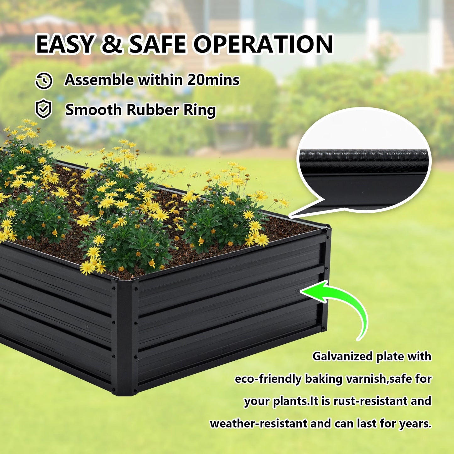 6x3x1 ft Sturdy Galvanized Steel Raised Garden Bed Planter Box for Vegetables Flowers Herbs Succulents Backyard Patio Black