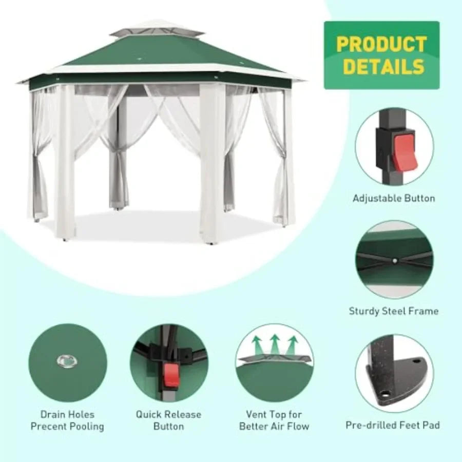 13'x13' Pop Up Gazebo Hexagonal Outdoor  Tent with Mosquito Netting Dual Vent Roof Awning Waterproof UV Resistant Height Adjust