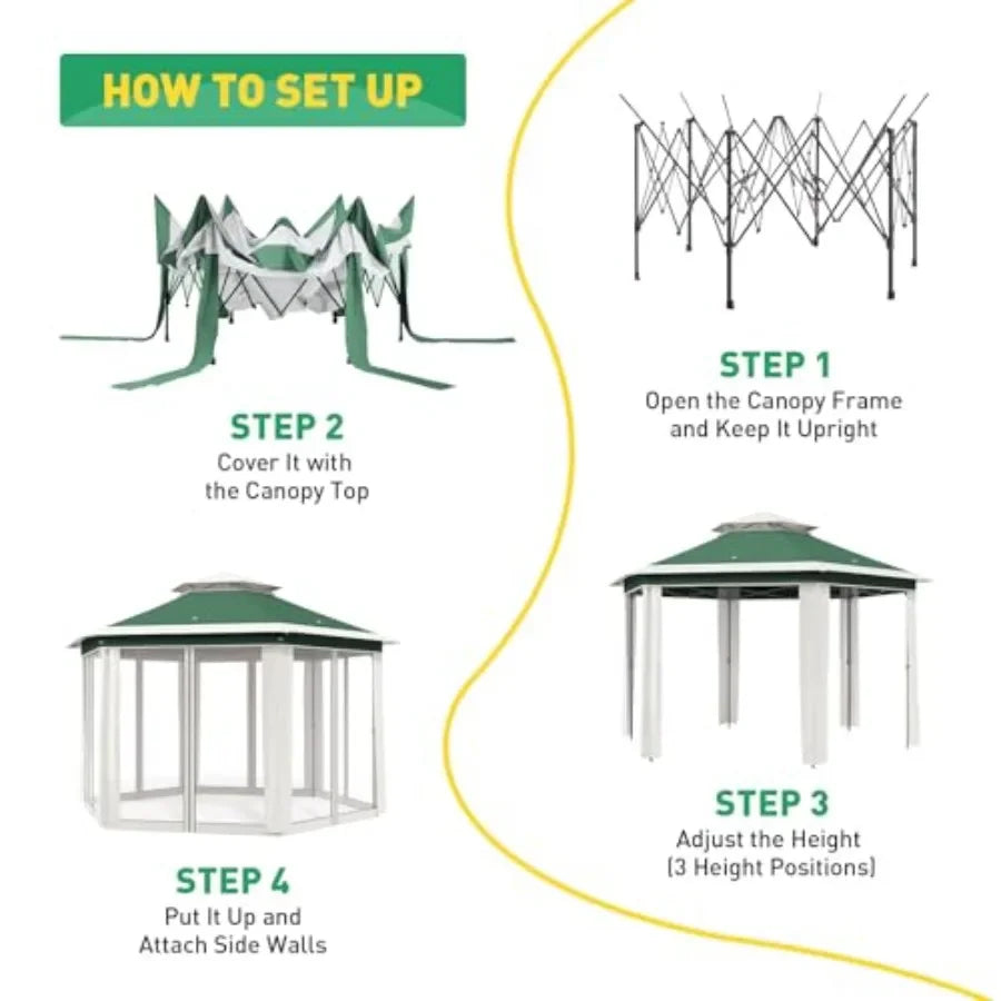 13'x13' Pop Up Gazebo Hexagonal Outdoor  Tent with Mosquito Netting Dual Vent Roof Awning Waterproof UV Resistant Height Adjust