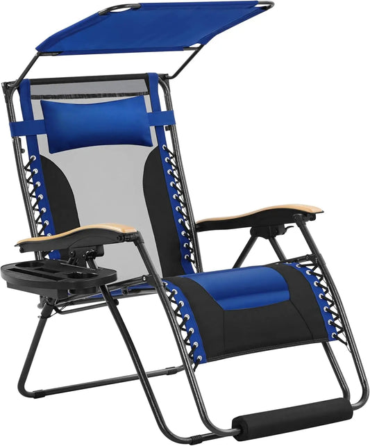 Zero Gravity Chair with Canopy, Cup Holder & Headrest - Adjustable Patio Recliner for Outdoor Relaxation, Navy Blue/Black