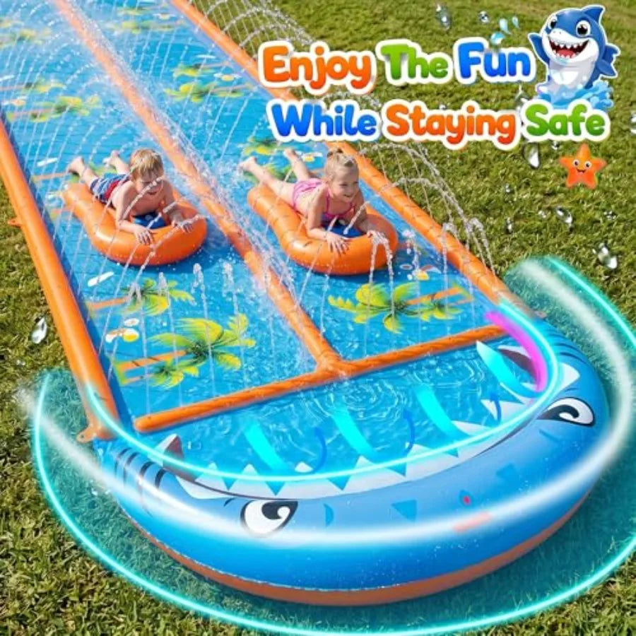 Outdoor backyard water slide for adults and kids, heavy-duty PVC, blue orange, 40×5.9FT with 3-way sprinkler and 2 boards