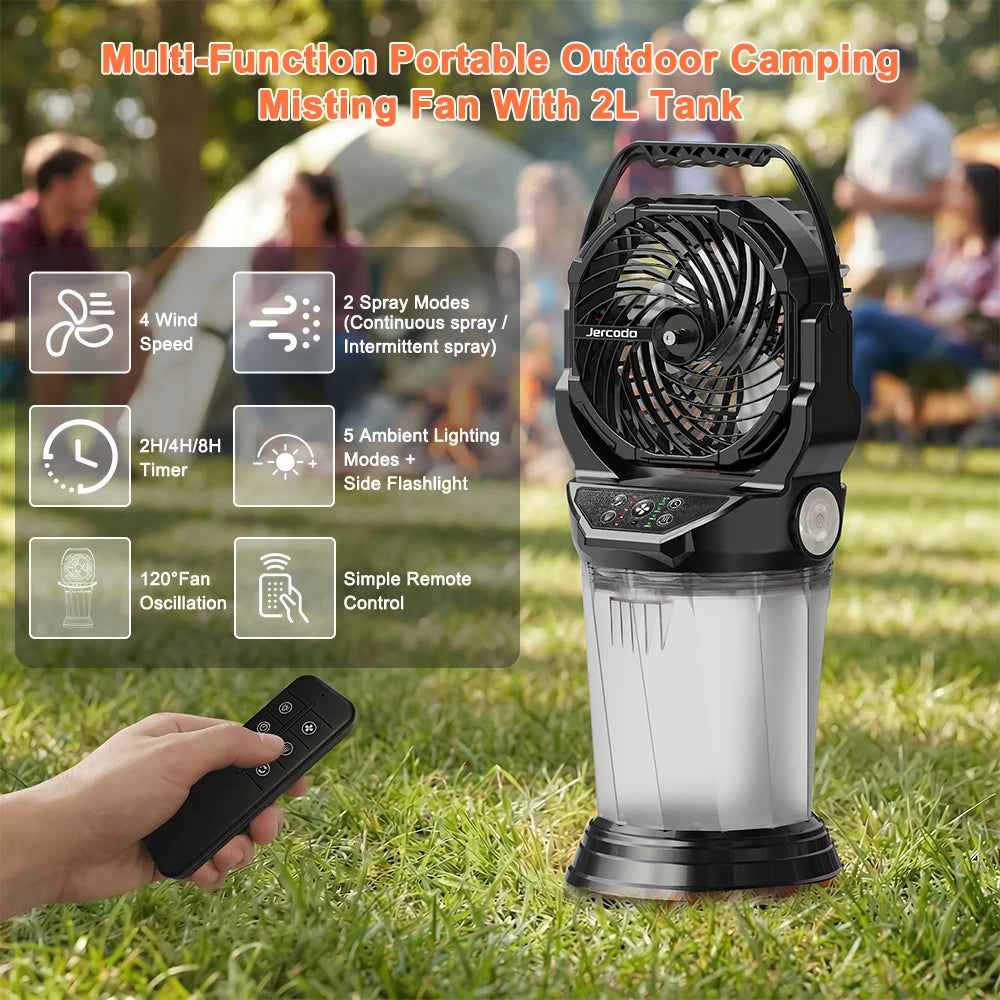 Portable Misting Fan with Large Battery Fan-Rechargeable Outdoor Misting Cooling Fans with 2L Water Tank, RGB Lights, 4 Speeds