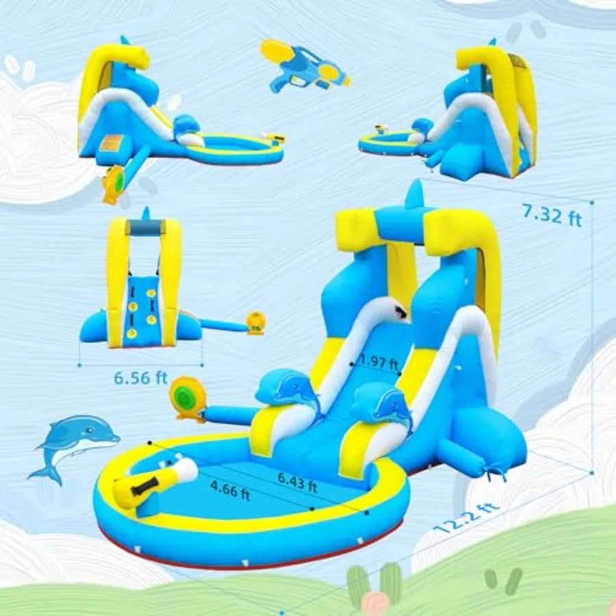 Iatable Water Slide: 4 in 1 Bounce House Water Park Dolphin Style for - Climbing Wall Splash Pool Water Cannon - 370W Blower -