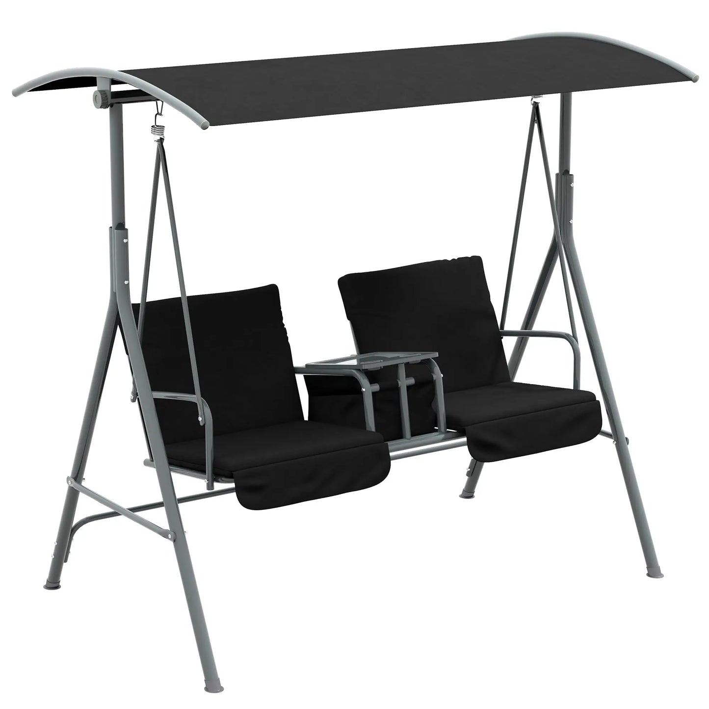 Blue Dual-Seat Outdoor Hanging Swing With Canopy, Center Table, Two Cup Slots, And Padded Cushions For Garden Or Deck