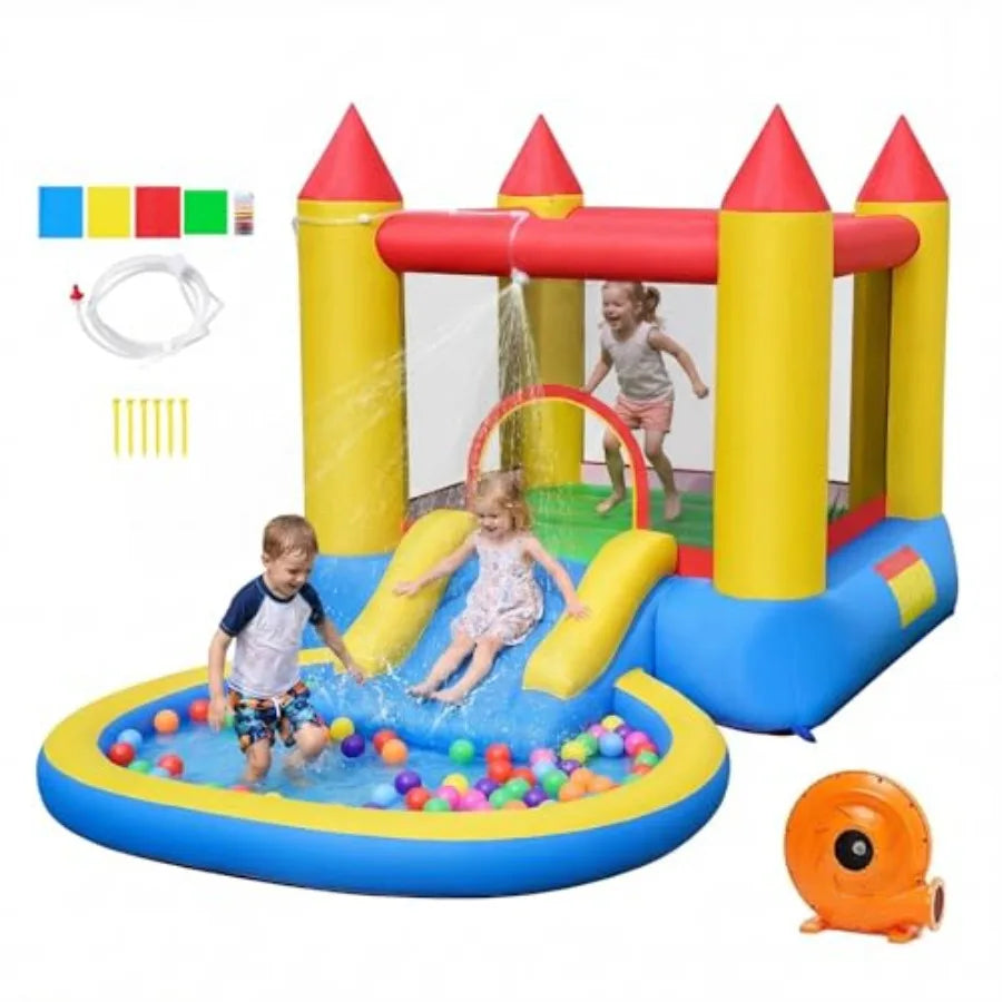Iatable Water Slide Bounce House with Ball Pit and Splash Pool, Bouncy Jump Castle for Backyard Fun with 480w Blower, Blow up W