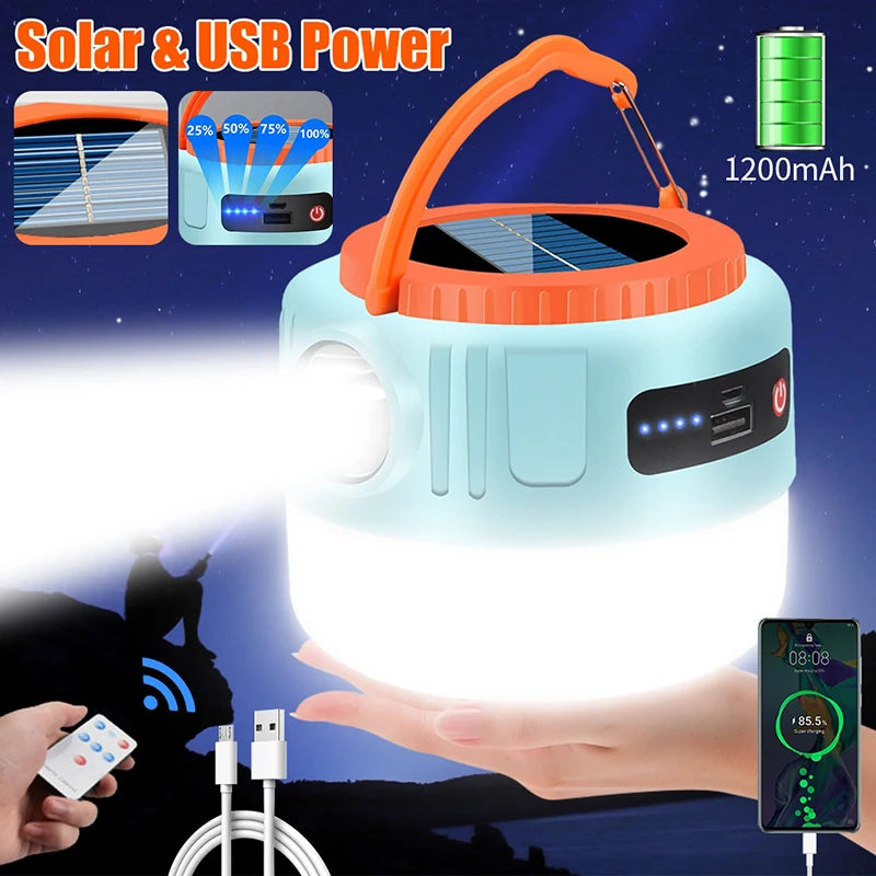 New Solar Camping Light Power Bank LED Tent Flashlight Handheld Waterproof Outdoor 6 Gear Switching USB Rechargeable with Remote
