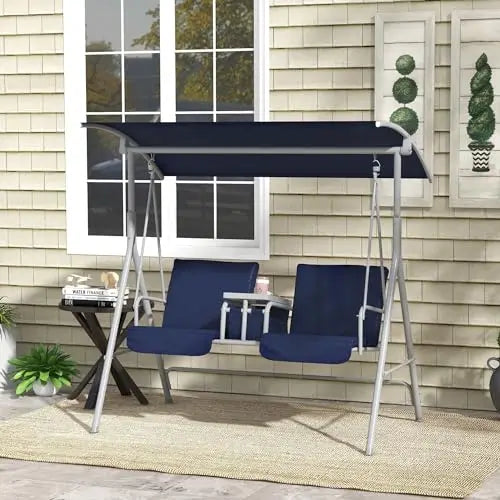 Blue Dual-Seat Outdoor Hanging Swing With Canopy, Center Table, Two Cup Slots, And Padded Cushions For Garden Or Deck