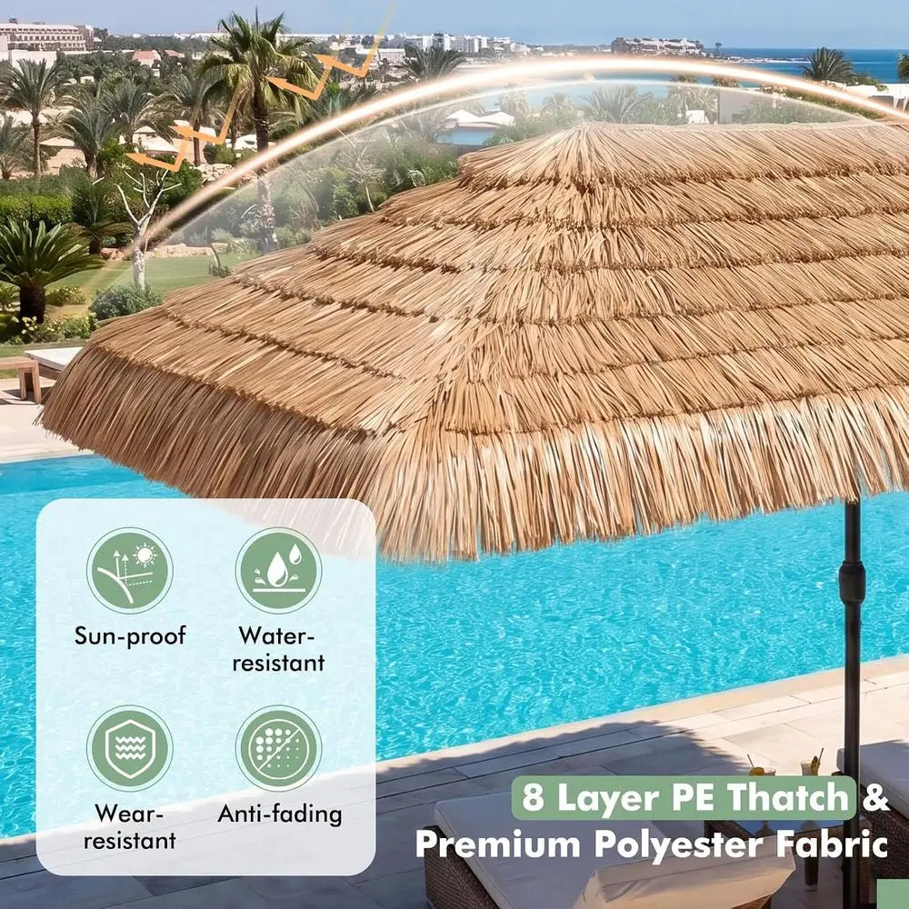 15ft Tiki Patio Umbrella with 144 LED Lights, 12 Ribs, Crank Handle, Suitable for Outdoor, Backyard, Poolside, Deck