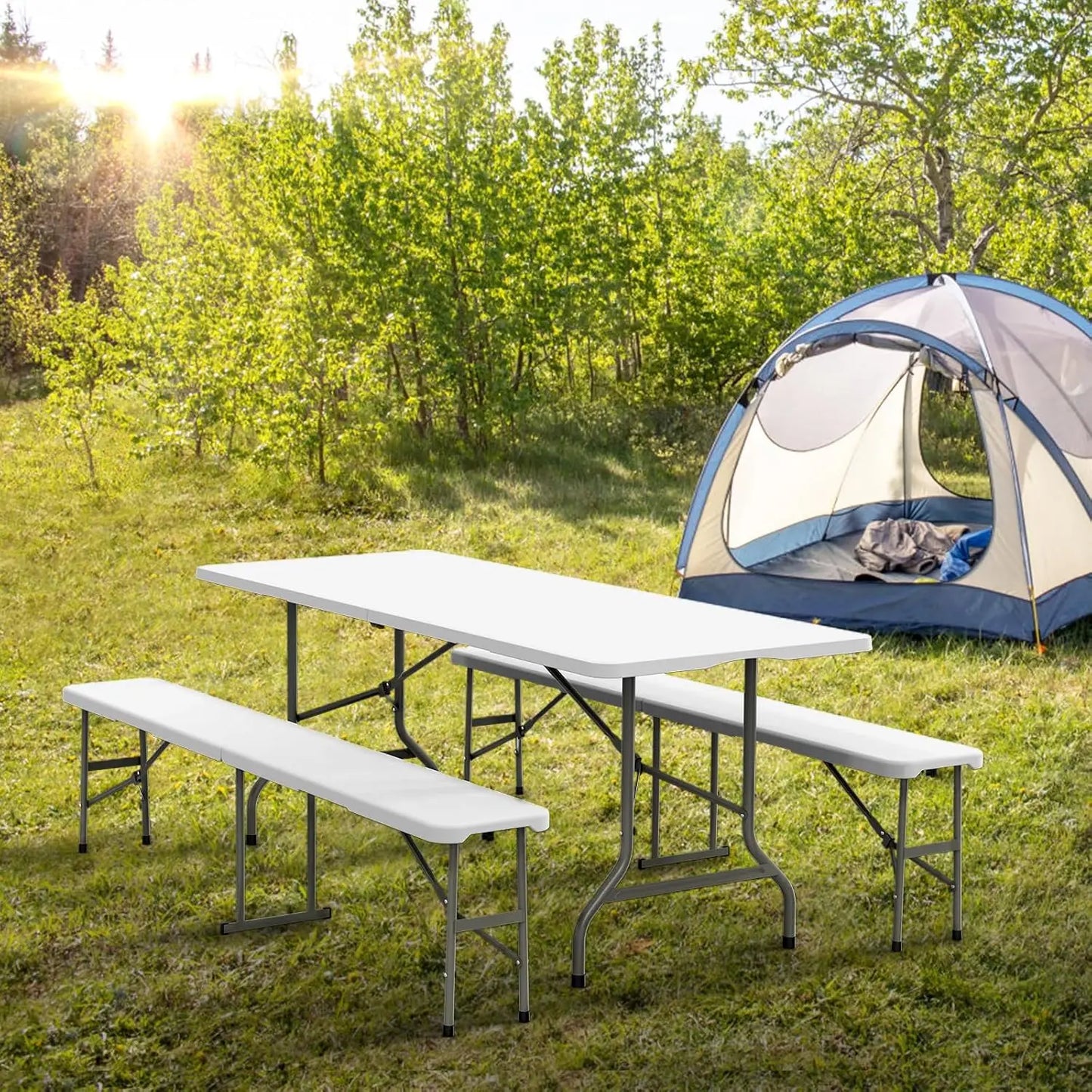 Folding Picnic Table Set With Two Benches Three Piece Portable Outdoor Dining