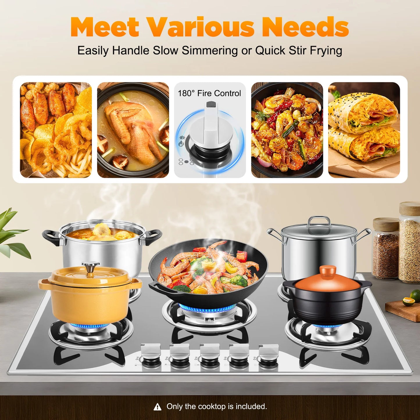 5 Burner Built-in Gas Cooktop Glass Top 3KW Dual Ring High Power Energy Saving 63% Efficiency LPG Natural Gas Stove