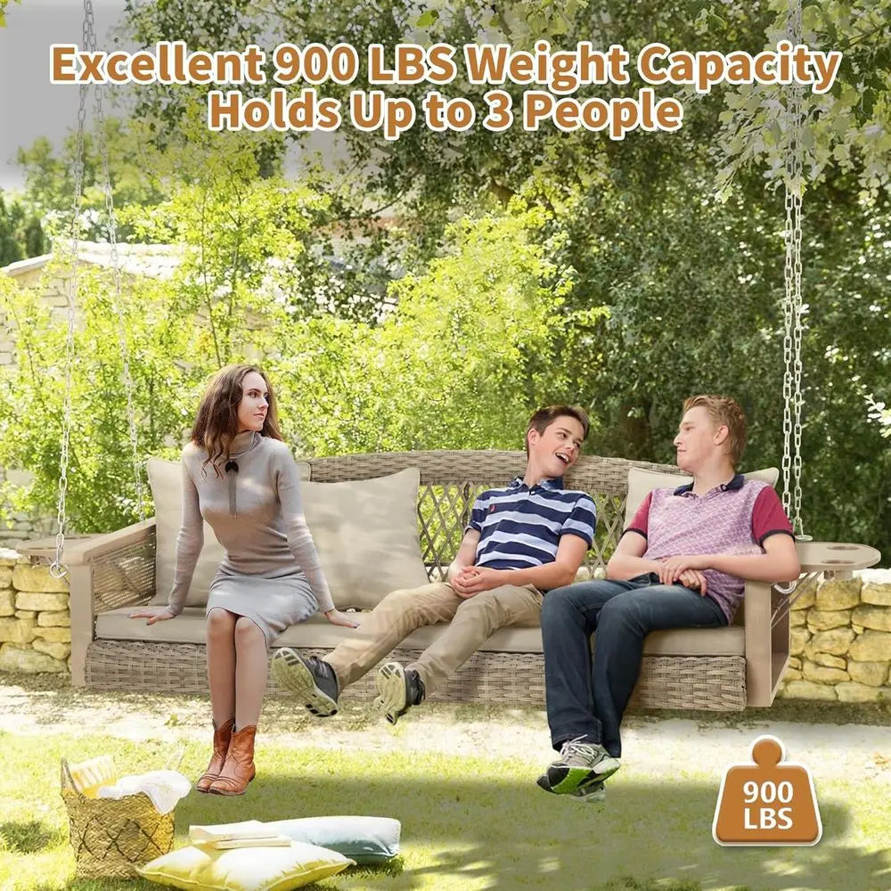 Durable 3-Person Wicker Swing with Cup Holders, Up to 900 lbs Capacity, 56 Outdoor Swing Bench, Cushioned, Suitable for Garden o