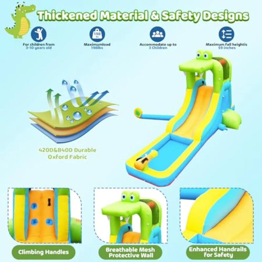 Iatable Water Slide - Crocodile Theme Bounce House Water Park with Blower, Climbing Wall, Splash Pool, Water Cannon, Blow up To