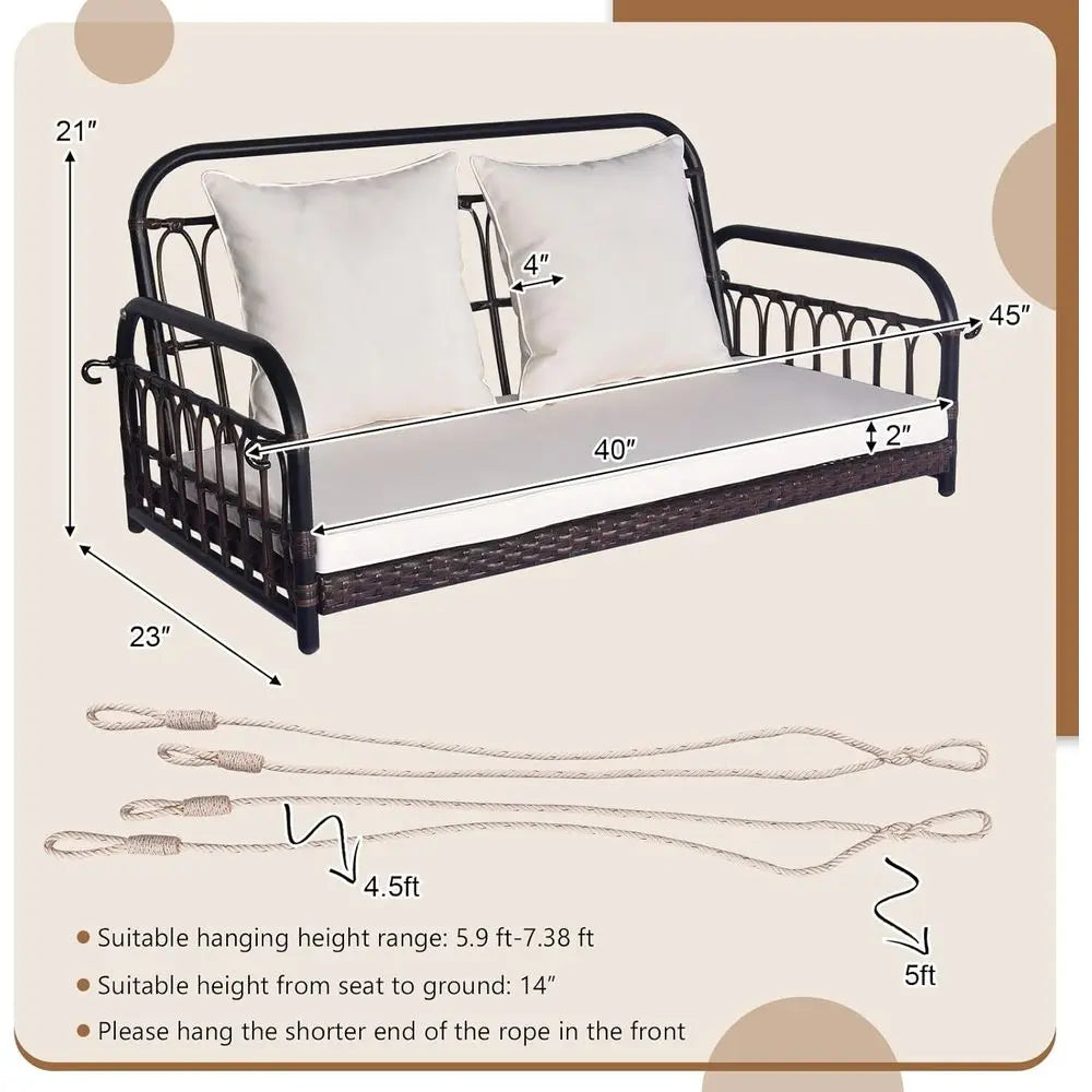 2-Person Outdoor Wicker Swing Bench with Cushions, 880lbs Capacity, Brown & White, Ideal for Patio, Garden, or Poolside