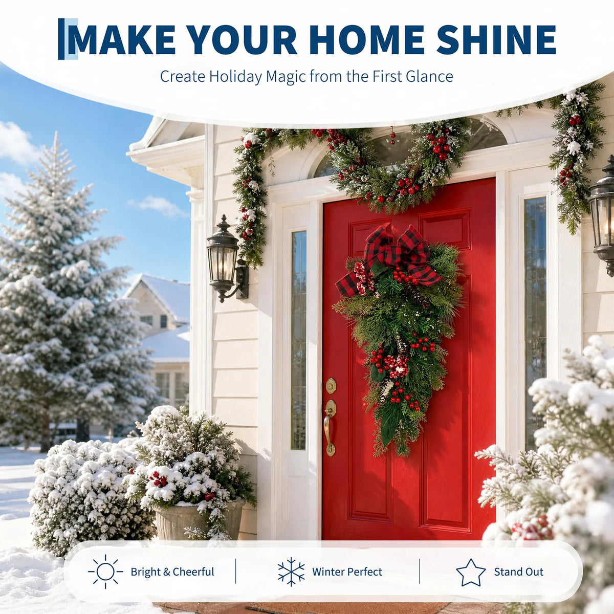 HiMISS Farmhouse Christmas Teardrop Swag With Plaid Bow