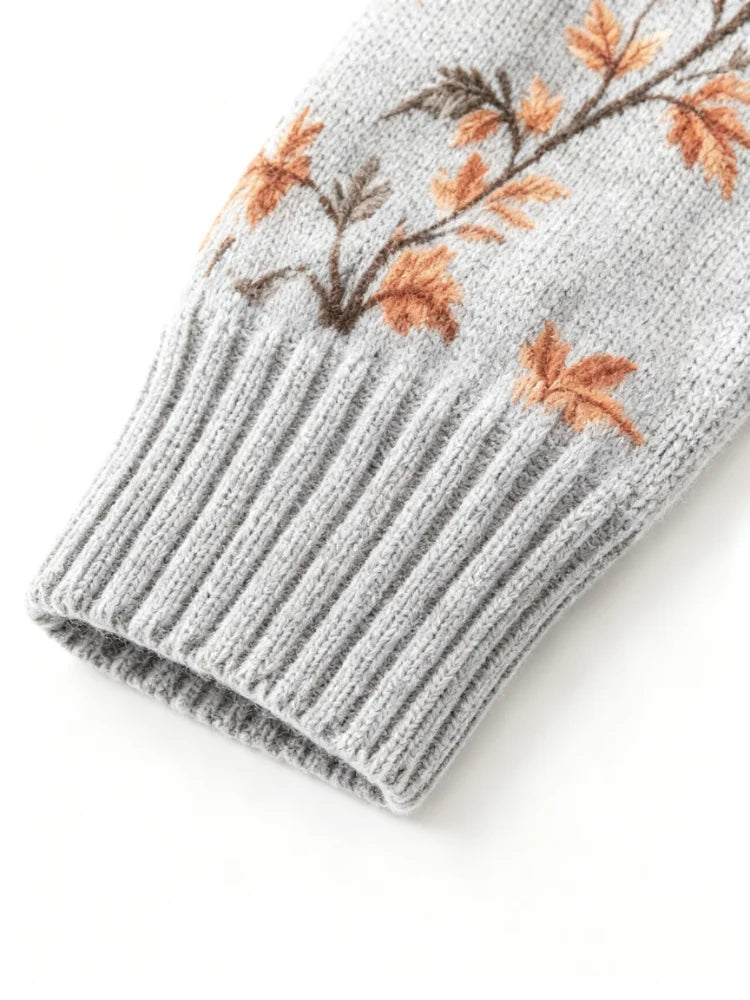 Women's Printed Knitted Pullover, Loose and Casual, Soft and Warm, Light Blue Retro Bird-Pattern Watercolor Leaf Design Round-Neck Long-Sleeved Daily Fall/Winter Layered Sweater