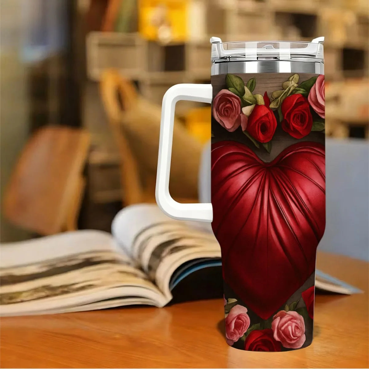 1pc 40oz Stainless Steel Tumbler with Straw - Heart & Rose Design Insulated for Hot & Cold Drinks Ideal for Mother's Day Outdoor Travel Car Cup Holder Compatible Car Beverage Holder Floral Tum