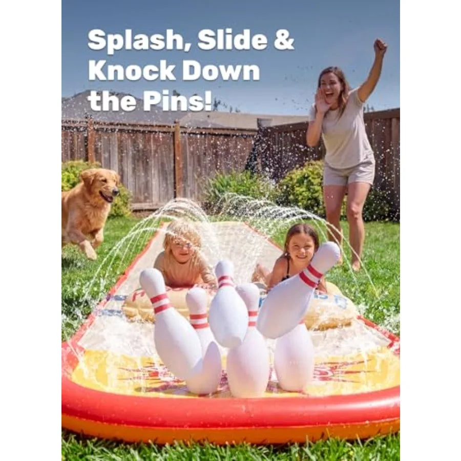 20FT Lawn Water Slide Bowling Game Set for backyard outdoor fun, PVC material, blue and yellow, built-in sprinkler and 2 bodybo