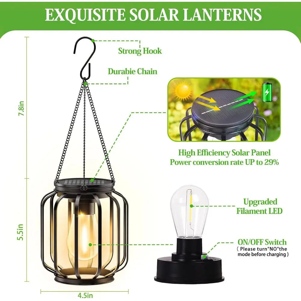 Hanging Lanterns Outdoor: 2 Pack Metal Hanging Lights with Hook, Bright Warm Waterproof LED Lanterns for Outside, Classic Decora
