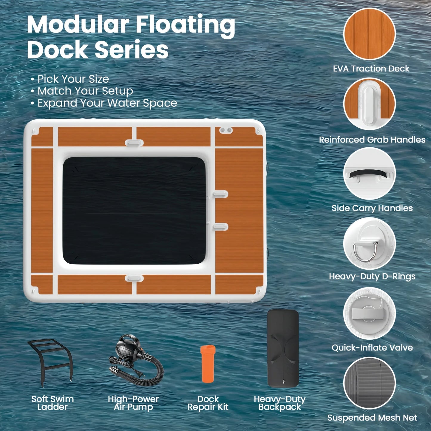Inflatable Water Hammock 8ft (2.5m) Floating Dock with Cup Holders, Durable PVC Floating Mat Pontoon for Pool, Lake, Beach, Boat & Yacht Relaxation Platform