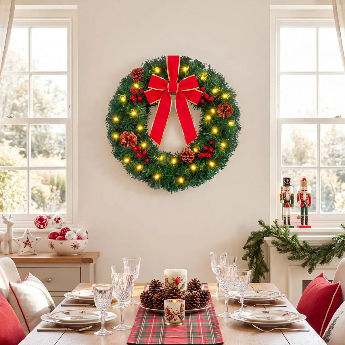 Joyfy Artificial Christmas Wreaths Featuring Bow And Warm Illumination