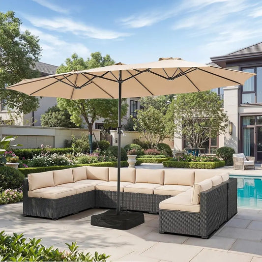 15ft Patio Umbrella with Base, Double-Sided Vented for Outdoor, Crank Handle, Suitable for Pool, Deck, Lawn, Backyard, Beach