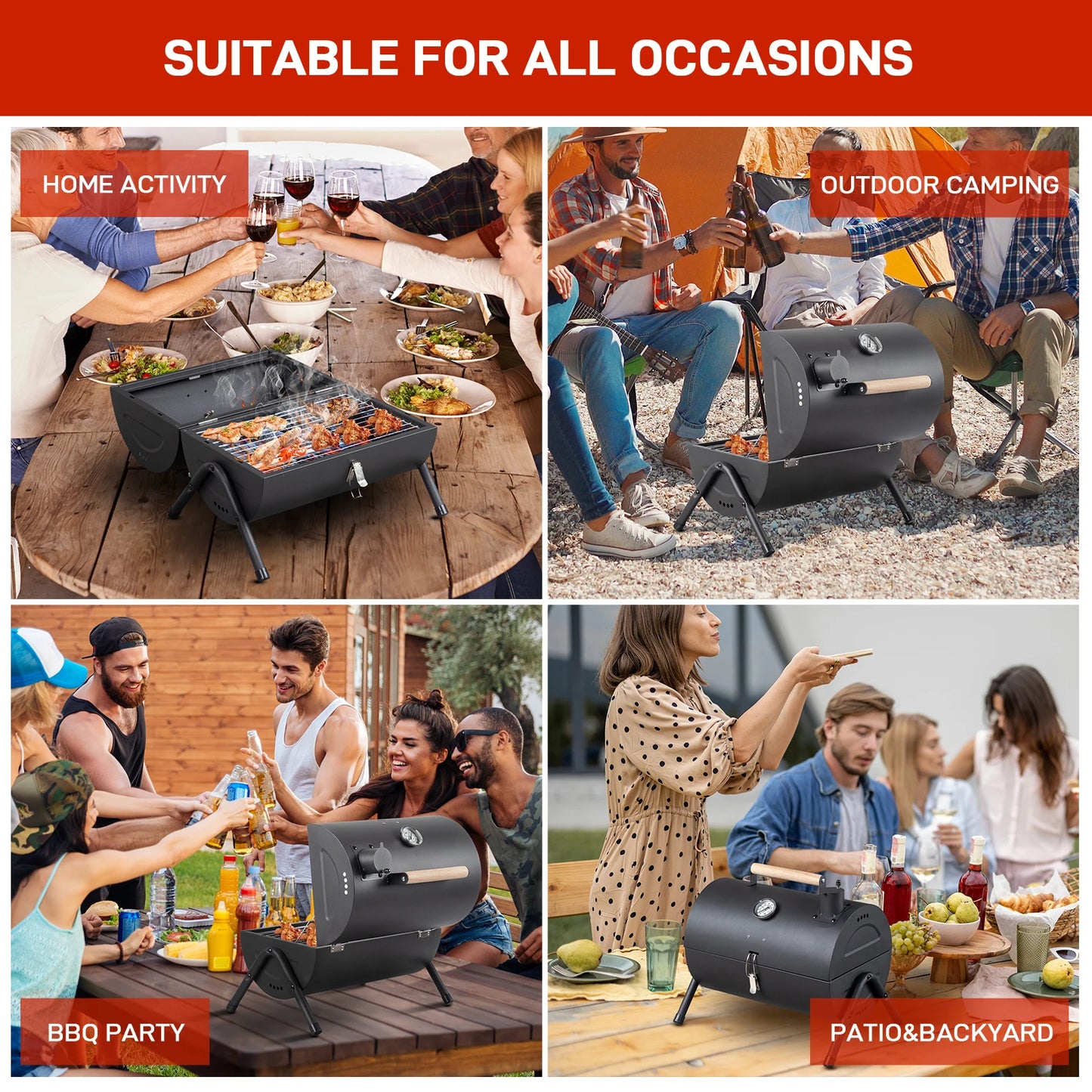 Portable Charcoal Grill With Thermometer And Wooden Handle