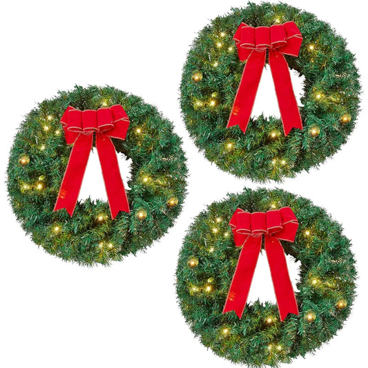 3 Piece Pre Lit Christmas Wreath Set with LED Lights for Home Decor