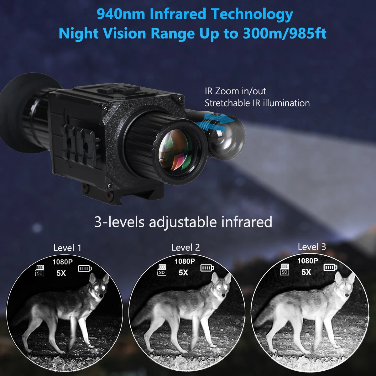 Digital Night Vision Scope 940nm IR 1080P 5X Zoom Monocular