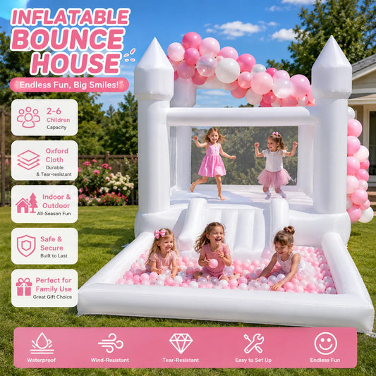 (Come with blower)13x8x8FT Inflatable White Bounce House with Slide & Ball Pit, Oxford Bouncy Castle Indoor and outdoor party use, Creates a Magical for Kids birthdays and Events