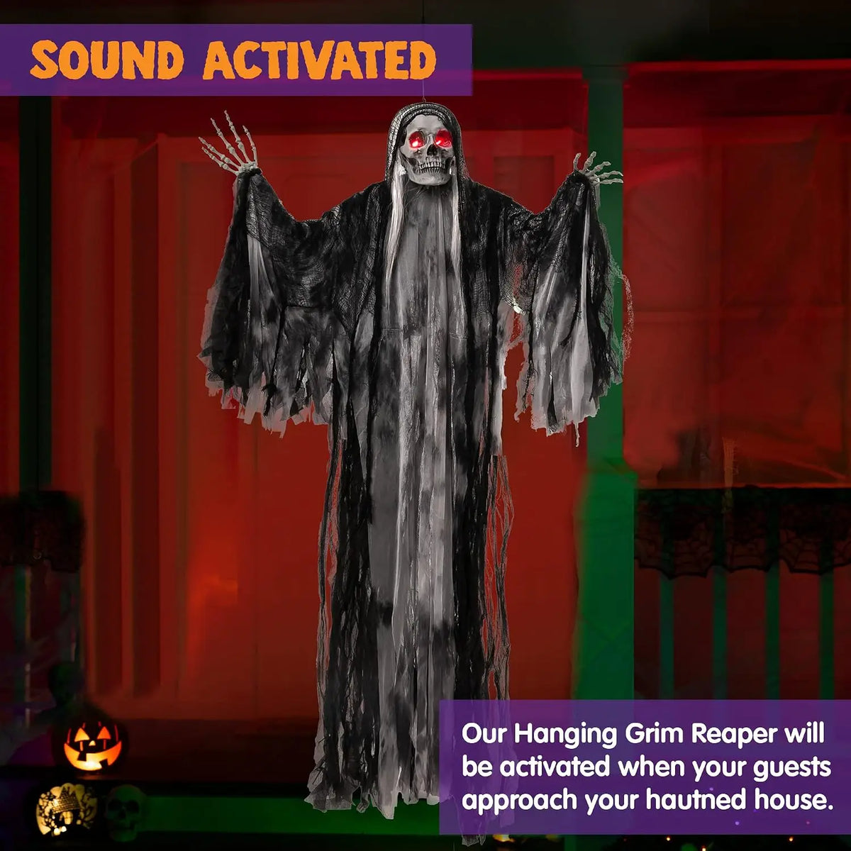 59” Animated Hanging Grim Reaper Halloween Outdoor Decorations with Voice Control Glowing Eyes and Creepy Sound Halloween Decoration for Haunted House Prop Graveyard Lawn Indoor Party Supplies
