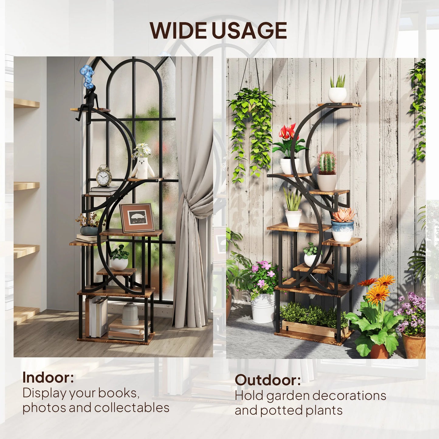 8 Tier Plant Stand, 62" S-Shaped Plant Shelf, Carbonized Finish