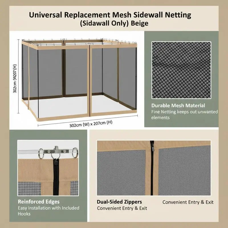 302 x 207cm Universal Replacement Mesh Sidewall Netting for Gazebos and Canopy Tents, (Sidewall Only) Beige