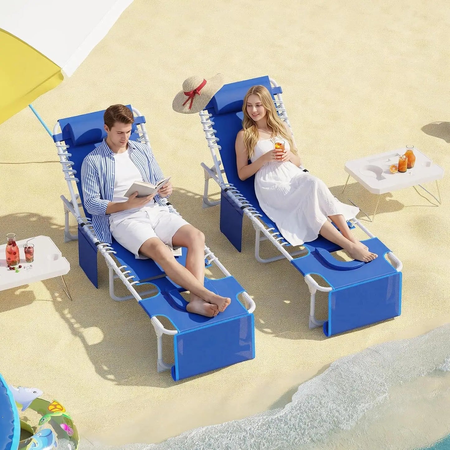 Folding Sun Lounger with Face Hole for Tanning, Outdoor Chaise Lounge Chair 5-Position Adjustable Reclining Lay Flat Beach Chair with Side Table & Carry Strap for Pool Patio Camping